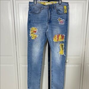 Born Fly Men’s Yellow and Red Art Patchwork Slim Straight Jeans Sz 34